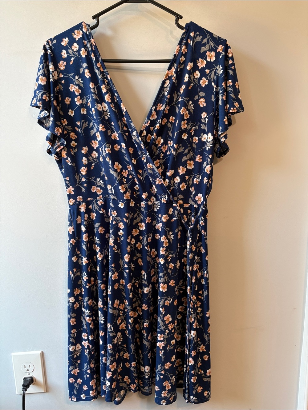Kaileigh Kaela Navy Floral Faux Wrap Knit Dress Large Petite